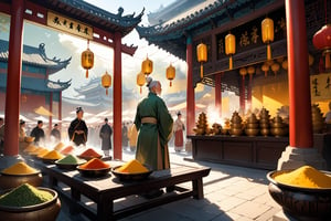 A majestic scene unfolds in ancient China: a bustling marketplace teems with life, as an elderly sage stands atop a intricately carved wooden stool, his wise eyes scanning the crowd. The warm sunlight casts a golden glow on the vibrant silks and wicker goods, while wisps of steam rise from steaming bowls, filling the air with savory aromas. In the background, a majestic pagoda rises, its delicate ceramic tiles glinting like tiny jewels.