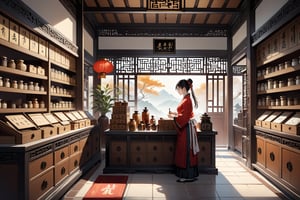 (((Masterpiece, beautiful and aesthetic, ultra detail, intricate))), In ancient China, there was a prosperous Chinese medicine store. The walls were lined with small drawers, which contained a variety of Chinese medicinal materials. The Chinese herbalist at the counter, Busy preparing Chinese medicine for customers.