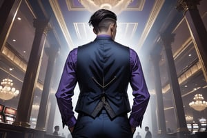 horror-themed {prompt} . eerie, unsettling, dark, spooky, suspenseful, grim, highly detailed, masterpiece, beautiful and aesthetic, ultra detail, intricate, 1male, solo, 23 years old, detailed character design, (dark hair, Classic Undercut), silver waistcoat, purple shirt, deep blue tie, (hands in pockets:1.5), (from below:1.2), (back view:1.5), dynamic pose, action-packed, in the casino 