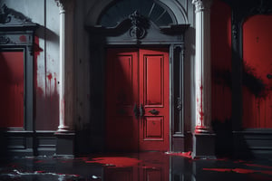 A cinematic shot frames the desecrated façade of a once-elegant mansion. A dark moody atmosphere envelops the scene, as if night has fallen prematurely. The camera lingers on the intricately detailed walls, doors, and windows, now marred by vibrant splashes of red paint. Vandalism's eerie silence hangs heavy, like a whispered secret.