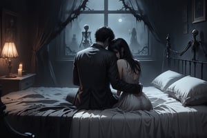 horror-themed {prompt} . eerie, unsettling, dark, spooky, suspenseful, grim, highly detailed, masterpiece, beautiful and aesthetic, ultra detail, intricate, a couple cuddling on the bed, in dark bedroom, detailed character design, (back view:1.5), 