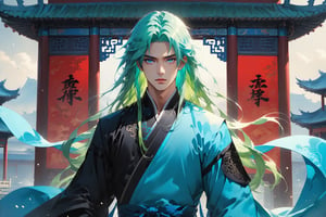 masterpiece, beautiful and aesthetic, ultra detail, intricate, solo, 1male, 25 years old, handsome, (long eyes, blue eyes), (long hair, Split-color Hair, Light Green Hair, Blue Hair), tall, (Han Chinese Clothing, black, flowing robe), front view, dynamic pose, heroic stance, creating a picturesque view of a heavenly palace, bathed in soft and ethereal light.