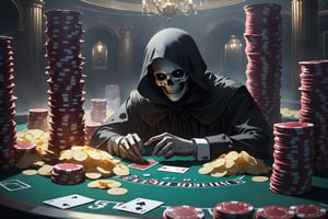 horror-themed {prompt} . eerie, unsettling, dark, spooky, suspenseful, grim, highly detailed, masterpiece, beautiful and aesthetic, ultra detail, intricate, (close-up:1.5), (stacks of chips filled the card table:1.5), in the casino 