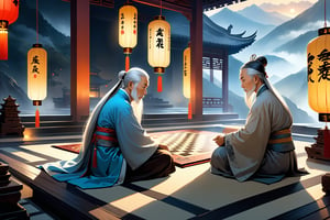 Two elderly sages, wisps of silver hair wisping beneath traditional hats, sit cross-legged on intricately woven silk rugs amidst ancient China's misty mountains. The soft glow of lanterns casts a warm ambiance as they concentrate on the game of Go, their eyes gleaming with intense focus. The chessboard, adorned with delicate carvings, serves as a canvas for their strategic battle.