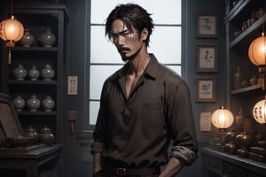 Dark Moody Atmosphere, {prompt}, dramatic, mysterious, dark moody atmosphere, masterpiece, beautiful and aesthetic, ultra detail, intricate, 1male, solo, 45 years old, Asian, detailed character design, freckles on face, disgust expression, madman, narrow eyes, Vandyke beard, (short dark brown hair:1.5), (thin body:1.5), light brown work shirt, pants, (full body:1.5), (side view:1.5), dynamic pose, (rude), in the Asian antique shop, indoors