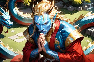 masterpiece, beautiful and aesthetic, ultra detail, intricate, 1man, solo, 55 years old, (Dragon King), detailed character design, his expression filled with awe, (Chinese dragon features, dragon eyes, dragon nose, dragon beard), (messy hair, golden hair), (blue skin, glistening scales skin), tall and strong, (red imperial robe), from above, dynamic pose, (hands in prayer pose), respect, Inspired by Chinese mythology story, garden background, trees, flowers, multicolor