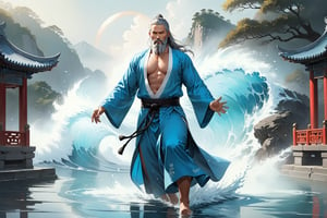 masterpiece, beautiful and aesthetic, ultra detail, intricate, Chinese martial arts animation style, divine, manly, legendary, 1male, solo, (40 years old:1.5), detailed character design, a look of determination, two beards, long grey hair, tall and thin, aqua Taoist robe, straight on, dynamic pose, walking on water, creating a picturesque view of a heavenly palace, wave, bathed in soft and ethereal light.