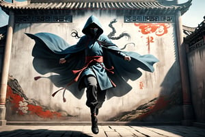 DonM5h4d0w5XL, masterpiece, extreme quality, ultra detailed, intricate, UHD, HDR, Chinese martial arts animation style, dramatic with an air of mystery and intrigue, shadow on a ancient China wall, a hooded cloak, dynamic pose, (jump up, fly:1.5), split-second freeze-frame, from side, outdoors, ancient China street, mysterious colorful background, 