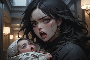 Dark Moody Atmosphere, {prompt}, dramatic, mysterious, dark moody atmosphere, masterpiece, beautiful and aesthetic, ultra detail, intricate, describes a fat mother holding a baby, big eyes, roaring angrily, face close up, in the lobby, apartment building, messy, old