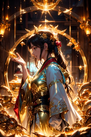 photographic, cinematic, super high detailed, super realistic image, 8k, HDR, super high quality image, master realistic image, perfect, detailed face, solo, goddess, (smile), long hair, hanfu, long robe, crown, light of wings, (side view), full body shot, magic circle. The worlds greatest horde of treasure ever collected, epic proportions, (colorful), dreamlike, gold, jewelry, treasure, riches, pules of gold, gems, riches, treasure vault, biggest treasure in the world,
