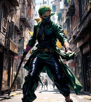 solo, Roronoa Zoro, the iconic character from the One Piece anime: "Generate a striking and highly detailed visual representation of the legendary martial artist, Roronoa Zoro, from the One Piece anime. Zoro is known for his distinctive appearance and formidable skills. His hair is a vibrant shade of green, complementing his determined brown eyes. He stands tall and resolute, exuding an air of strength and unwavering determination. Zoro is clad in his signature green outfit, complete with a white haramaki and a bandana. In his skilled hands, he wields a long staff, unique and finely detailed. The long staff should be a reflection of his mastery and the essence of his character. This image should capture the essence of Zoro's iconic appearance, showcasing his powerful presence and his status as one of the most beloved characters in the One Piece series, full body shot, blank background. " Photographic cinematic super high detailed super realistic image, 8k HDR super high quality image, masterpiece, perfect eyes, Zoro, ((perfect hands)), ((super high detailed image)), ((perfect long staff)),