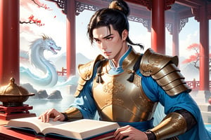 masterpiece, beautiful and aesthetic, ultra detail, intricate, (solo, 1male:1.5), 25 years old, detailed character design, Chinese mythology story, a heavenly guardian, serene expression, manly, bushy eyebrows, big eyes, (wide jaw:1.5), (black hair, a single hair bun), tall and lean, (Han Chinese clothing, armor, brown), taking a book, creating a picturesque view of a heavenly palace, bathed in soft, ethereal light.