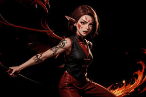Chinese mythology, solo, 1female, monster_girl, short hair, dark red hair, (facial marks), fierce face, evil face, fangs, sexy lips, (pointed ears), (dark skin), strong body, (phoenix tattoo), (a single wing behind:1.2), (go mad:1.2), dark red vest, long pants, Chinese martial arts animation style