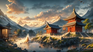 water, smoke, mountains, Chinese temples, birds, at Twilight, tilt shift, Cleancore, HDR, Mustafa Abdulhadi, involved in a project, DonM3l3m3nt4l, 