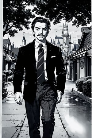 boichi manga style, monochrome, greyscale, solo, a young man, he is Walt Disney, the founder of Disneyland, slicked hairstyle, mustache, traditional plaid suit, he spread his hands to express that he has no money, and his expression is helpless, full body shot, a country station background, ((masterpiece))