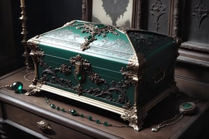 gothic style {prompt} . dark, mysterious, haunting, dramatic, ornate, detailed, masterpiece, beautiful and aesthetic, ultra detail, intricate, (a delicate jewelry case, deep green), on a small antique wood table, indoors, trash and messy