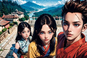 masterpiece, best quality, ultra, UHD, detailed character design, a group of people, men and women, hanfu, (face the same direction, look above :1.5), panoramic view, dynamic pose, action-packed, ancient street background, ancient China style, boichi manga style