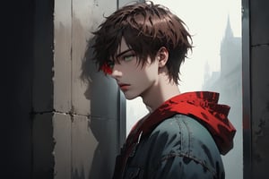 Dark Moody Atmosphere, {prompt}, dramatic, mysterious, dark moody atmosphere, masterpiece, beautiful and aesthetic, ultra detail, intricate, 1male, solo, 23 years old, detailed character design, delicate face, (Puzzled expression), light green eyes, short brown hair, deep red hooded, jeans, from side, dynamic pose, (Leaning Against a Wall), in the elevator 