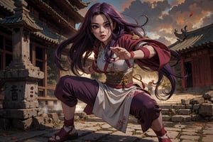 In Chinese mythology, solo, 1girl, beauty, big eyes, pink lips, long curly hair, purple hair, tall and thin, warrior, armor, long robe, dynamic pose, action-packed, practice Kung Fu, Chinese martial arts, outdoors, under sunshine, ancient China style, boichi manga style