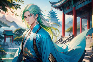 masterpiece, beautiful and aesthetic, ultra detail, intricate, solo, 1male, 25 years old, handsome, (long eyes, blue eyes), (long hair, Split-color Hair, Light Green Hair, Blue Hair), tall, (Han Chinese Clothing, dark green), flowing robe, (upper body), dynamic pose, heroic stance, creating a picturesque view of a heavenly palace, bathed in soft and ethereal light.
