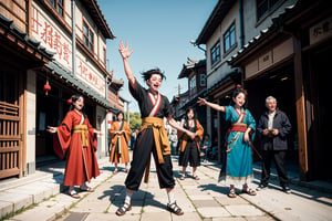 masterpiece, best quality, ultra, UHD, detailed character design, a group of people, 5men, 5women, glad, joy, laugh, (hanfu), random standing, bold gestures, dynamic pose, action-packed, ancient street background, ancient China style, boichi manga style