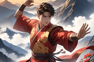 masterpiece, beautiful and aesthetic, ultra detail, intricate, solo, 1male, 25 years old, detailed character design, wide eyes, brown short hair, (brown skin), tall and strong, red Hanfu, golden totemic embroidery, armor, (shadowboxing pose), vibrant, on peak, mountains, mists