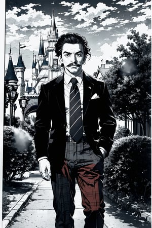 boichi manga style, monochrome, greyscale, solo, a young man, he is Walt Disney, the founder of Disneyland, slicked hairstyle, mustache, traditional plaid suit, open his forearms, full body shot, a country station background, ((masterpiece))
