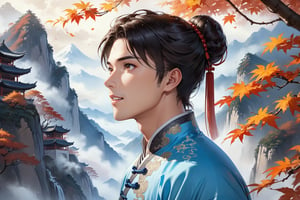 masterpiece, beautiful and aesthetic, ultra detail, intricate, (solo, 1male:1.5), 25 years old, detailed character design, a heavenly guardian, manly, bushy eyebrows, wide eyes, wide jaw, light smile, (black hair, a single hair bun), tall and lean, (Han Chinese clothing, brown). (upper body, looking up:1.2), mountain, mists, autumn leaves fluttering around