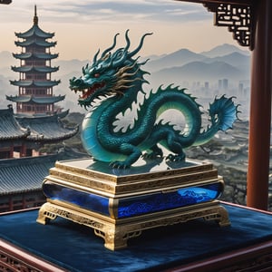 A majestic Blue Jade Dragon rises from a velvet-lined jewel case, its scales glinting under soft, golden lighting. In the background, a blurred cityscape of ancient China's misty mountains and pagoda-topped rooftops. A delicate, ornate frame surrounds the dragon, adorned with intricate carvings of Chinese symbols. The atmosphere is one of mystique and otherworldly power.