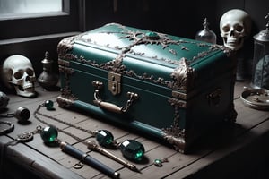 horror-themed {prompt} . eerie, unsettling, dark, spooky, suspenseful, grim, highly detailed, masterpiece, beautiful and aesthetic, ultra detail, intricate, (a delicate jewelry case, deep green), on a small antique wood table, indoors, trash and messy