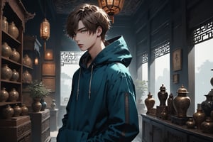 Dark Moody Atmosphere, {prompt}, dramatic, mysterious, dark moody atmosphere, masterpiece, beautiful and aesthetic, ultra detail, intricate, 1male, solo, 23 years old, detailed character design, delicate face, light green eyes, short brown hair, dark blue hooded, (full shot, side view), dynamic pose, hand in pocket, in the Asian antique shop, indoors