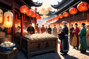 In a picturesque marketplace, set against the backdrop of ancient Chinese architecture, a wise elder stands atop a worn wooden crate, his wrinkled hands grasping a staff as he delivers a passionate oration to a captivated crowd. The soft glow of lanterns and the warm light of setting sun casts long shadows across the vibrant stalls, where intricate silk fabrics and delicate ceramics are on display. The air is thick with the aroma of steaming dumplings and the gentle hum of merchants haggling over goods.