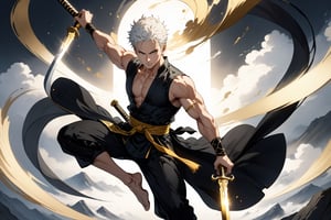 masterpiece, beautiful and aesthetic, ultra detail, intricate, 1male, solo, Roronoa Zoro features, detailed character design, (white hair), exquisite body, strong abdominal muscles, (golden armlet:1.2 ), (black half gloves), black martial arts belt, (black Hanfu, sleeveless), black lace-up ankle brace, (he holds the golden sword high in both hand:2), (leaping in the air:2), (from above:1.5), dynamic pose, dramatic arc of light and shadow, Chinese martial arts animation style, peak, white smokes, mists