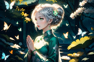 masterpiece, beautiful and aesthetic, ultra detail, intricate, 1female, a celestial ethereal ghostly Fairy, 50 years old, solo, detailed character design, grace, gentle nature, feminine soft face, light green eyes, gazing into the distance, (long hair, Braided updo, silver hair), hair ornament, tall, slender body frame, collarbone, bead_bracelet, (cheongsam, long sleeves, green), silver pants, (holding a bead_necklace), dynamic pose, (a single hand in prayer pose), Chinese martial arts animation style, garden background, flowers, trees, butterflies, Inspired by Chinese mythology story