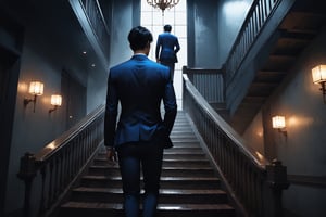 Dark Moody Atmosphere, {prompt}, dramatic, mysterious, dark moody atmosphere, masterpiece, beautiful and aesthetic, ultra detail, intricate, a several of Asian men, deep blue suit, dynamic pose, conversations in the stairwell, indoors, apartment building, old