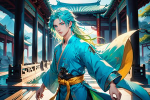 masterpiece, beautiful and aesthetic, ultra detail, intricate, solo, 1male, 25 years old, handsome, (long eyes, blue eyes), (long hair, Split-color Hair, Light Green Hair, Blue Hair), tall, (Han Chinese Clothing, green), flowing robe, dynamic pose, heroic stance, creating a picturesque view of a heavenly palace, bathed in soft and ethereal light.
