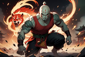 masterpiece, beautiful and aesthetic, ultra detail, intricate, 1male, solo, Berserker, Chinese mythology story, broad cheeks, (face burn scar), fierce expression, Buck-toothed, (thick eyebrows, red eyebrows), big eyes, aquiline nose, (bald, a red bun), light green skin, (arm tattoo, tribal tattoo), giant, developed muscles, thick legs, barefoot, (red tank top), bracer, (a paw seamlessly blending into the single hand:1.2), black pants, anklet, full shot, dynamic pose, powerful pose, the battle stance, Chinese martial arts animation style, sparks, battlefield scene