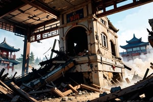 A dramatic scene unfolds: a grand, ornate ceiling adorned with intricate carvings and gilded accents suddenly crashes down in a chaotic mess. Ancient Chinese architecture's majesty is juxtaposed with the devastating power of gravity. A group of worried officials cower beneath the rubble, while outside, Beijing's ancient city walls loom large, framing the chaos within.