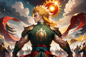 masterpiece, beautiful and aesthetic, ultra detail, intricate, 1male, 20 years old, detailed character design, a heavenly guardian, manly, epic, broad cheeks, (a sun mark on forehead), a look of determination, wide mouth, wide eyes, bushy eyebrows, (spiked hair, yellow hair), tall and strong, muscular, Han Chinese Clothing, Heaven Guard's armor, red armor, holding a Green Dragon Crescent Blade, (from behind), dynamic pose, heroic stance, powerful pose, Chinese martial arts animation style,  battlefield scene, multiple warriors behind, Inspired by Chinese mythology story