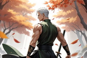 masterpiece, beautiful and aesthetic, ultra detail, intricate, 1male, solo, representation of the legendary martial artist, Roronoa Zoro features, detailed character design, serious expression, (white hair), exquisite body, strong abdominal muscles, (golden armlet:1.2), (black half gloves), black martial arts belt, (black Hanfu, sleeveless), black lace-up ankle brace, (he wields a single golden broadsword, unique and finely detailed), (back view:1.5), dynamic pose, he stands tall and resolute, exuding an air of strength and unwavering determination. Chinese martial arts animation style, autumn leaves fluttering around, Inspired by Chinese mythology story