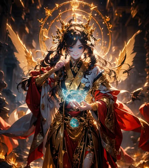photographic, cinematic, super high detailed, super realistic image, 8k, HDR, super high quality image, master realistic image, perfect, detailed face, solo, goddess, (smile), long hair, hanfu, long robe, crown, light of wings, full body shot, magic circle. The worlds greatest horde of treasure ever collected, epic proportions, (colorful), dreamlike, gold, jewelry, treasure, riches, pules of gold, gems, riches, treasure vault, biggest treasure in the world,