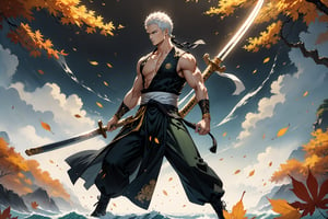 masterpiece, beautiful and aesthetic, ultra detail, intricate, 1male, solo, representation of the legendary martial artist, Roronoa Zoro features, detailed character design, serious expression, (white hair), exquisite body, strong abdominal muscles, (golden armlet:1.2), (black half gloves), black martial arts belt, (black Hanfu, sleeveless), black lace-up ankle brace, (he wields a single golden broadsword, unique and finely detailed), (side view:1.5), dynamic pose, he stands tall and resolute, exuding an air of strength and unwavering determination. Chinese martial arts animation style, autumn leaves fluttering around, Inspired by Chinese mythology story