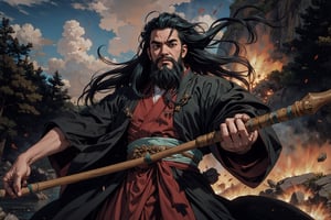 Chinese mythology story, solo, 1man, forty years old, long black hair, two beards, aqua Taoist robe, thin and tall, fury, (push to the viewer), boichi manga style