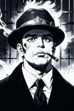 boichi manga style, monochrome, greyscale, solo, A criminal, he is Chicago mob boss Al Capone, round face, thick eyes, big mouth, thick lips, scarred cheeks, vicious face, smoking a cigar, wearing a round hat, tall and fat, wearing a prison uniform, behind the cage, ((masterpiece))