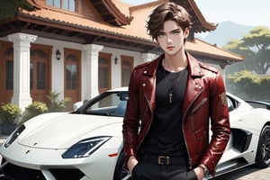 Ornate and Intricate, {prompt}, decorative, highly detailed, elaborate, ornate, masterpiece, beautiful and aesthetic, ultra detail, intricate, 1male, solo, 23 years old, detailed character design, delicate face, a look of confidence, light green eyes, short brown hair, dark red leather jacket, white T-shirt, black dress pants, dynamic pose, hands in pockets, standing in front of an expensive sports car, with a luxury bungalow behind