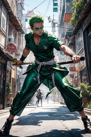 solo, Roronoa Zoro, the iconic character from the One Piece anime: "Generate a striking and highly detailed visual representation of the legendary martial artist, Roronoa Zoro, from the One Piece anime. Zoro is known for his distinctive appearance and formidable skills. His hair is a vibrant shade of green, complementing his determined brown eyes. He stands tall and resolute, exuding an air of strength and unwavering determination. Zoro is clad in his signature green outfit, complete with a white haramaki and a bandana. In his skilled hands, he wields a long staff, unique and finely detailed. The long staff should be a reflection of his mastery and the essence of his character. This image should capture the essence of Zoro's iconic appearance, showcasing his powerful presence and his status as one of the most beloved characters in the One Piece series, full body shot, blank background. " Photographic cinematic super high detailed super realistic image, 8k HDR super high quality image, masterpiece, perfect eyes, Zoro, ((perfect hands)), ((super high detailed image)), ((perfect long staff)), 
