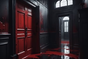 Dark Moody Atmosphere, {prompt}, dramatic, mysterious, dark moody atmosphere, masterpiece, beautiful and aesthetic, ultra detail, intricate, describes the walls, doors and windows of a house that were vandalized and splashed with red paint