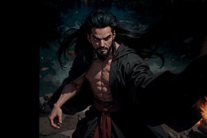 Chinese mythology story, solo, 1man, forty years old, long black hair, two beards, (accurate body and hand anatomy), aqua Taoist robe, thin and tall, fierce expression, (push forward), (straigh on), boichi manga style