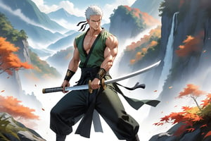 masterpiece, beautiful and aesthetic, ultra detail, intricate, 1male, solo, representation of the legendary martial artist, Roronoa Zoro features, detailed character design, serious expression, (white hair), exquisite body, strong abdominal muscles, (golden armlet:1.2), (black half gloves), black martial arts belt, (black Hanfu, sleeveless), black lace-up ankle brace, (he wields a single golden broadsword, unique and finely detailed). He soars through the air, he showcases his exceptional martial arts prowess. With a swift flourish, his razor-sharp sword slices through the air, casting dramatic shadows on the surrounding landscape. The scene is set against a serene backdrop of misty mountains and lush greenery, his figure frozen in mid-air, radiating power and finesse. forests, mists, autumn leaves fluttering around