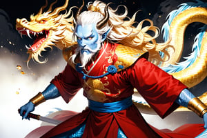 masterpiece, beautiful and aesthetic, ultra detail, intricate, 1man, solo, 55 years old, (Dragon King), detailed character design, (Chinese dragon features, dragon eyes, dragon nose, dragon beard), (messy hair, golden hair), (blue skin, glistening scales skin), tall and strong, (red imperial robe), straight on, dynamic pose, Inspired by Chinese mythology story, dragon palace